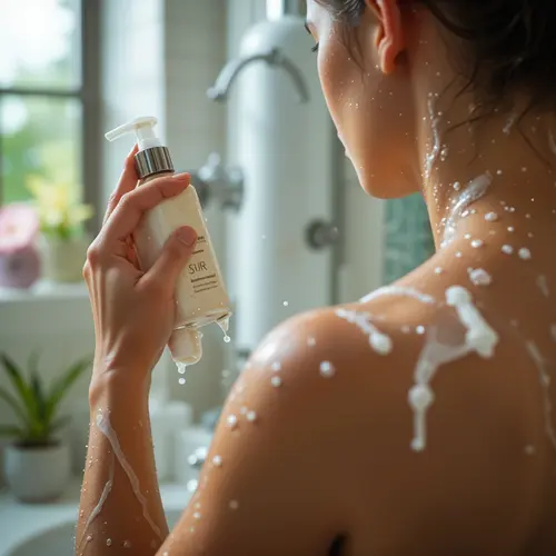 A person applying body lotion to their dry skin after a shower, in a brightly lit bathroom, focusing on moisturizing ingredients and skin hydration. The image must be natural, realistic, style realistic, aspect_ratio 1:1 , seed 5