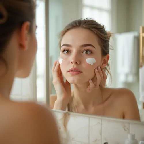 A woman applying sunscreen to her face in her bathroom, morning light, skincare routine. The image must be natural, realistic, style realistic, aspect_ratio 1:1 , seed 5