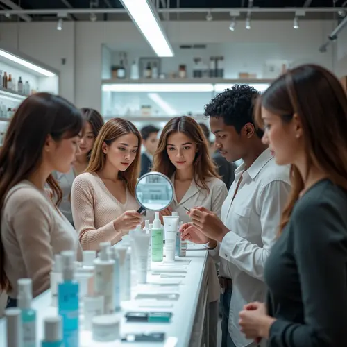 A diverse group of people examining skincare product labels under a bright magnifying glass in a modern, minimalist beauty store, with shelves stocked with various clean beauty products. The image must be natural, realistic, style realistic, aspect_ratio 1:1 , seed 5