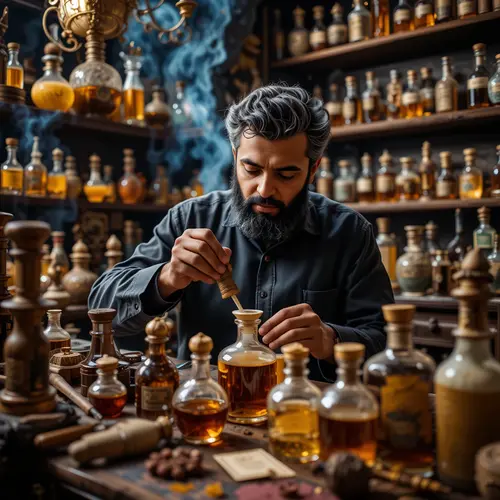 A skilled Arab perfumer carefully blending oudh, rose, and jasmine attars in a traditional perfumery in the Middle East, surrounded by antique glass bottles and intricate tools, warm lighting highlighting the rich colors of the ingredients. The image must be natural, realistic, style realistic, aspect_ratio 1:1 , seed 5